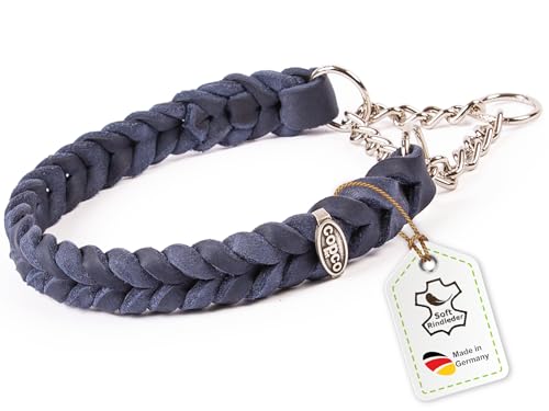 CopcoPet Fettleder Halsband geflochten mit Zugstopp-Kette, Dressurhalsung, Handarbeit aus Deutschland, Marineblau 30-35 cm x 20 mm Leder Hundehalsband von CopcoPet