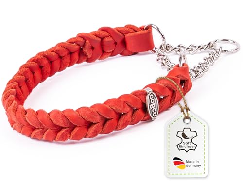 CopcoPet Fettleder Halsband geflochten mit Zugstopp-Kette, Dressurhalsung, Handarbeit aus Deutschland, Rot 35-40 cm x 20 mm Leder Hundehalsband von CopcoPet