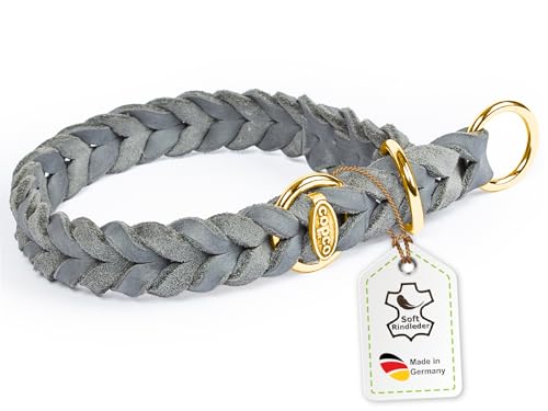 CopcoPet Fettleder Hundehalsband Würger geflochten mit Messing Zugstopp-Ring, Handarbeit aus Deutschland, Grau 40-45 cm x 25 mm Hunde Halsband von CopcoPet