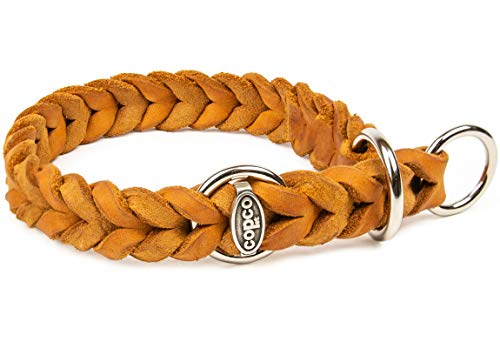 CopcoPet Fettleder Hundehalsband Würger geflochten mit verchromten Zugstopp-Ring, Handarbeit aus Deutschland, Cognac 30-35 cm x 15 mm Lederhalsband Hund von CopcoPet