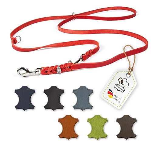 CopcoPet – Fettlederleine für Hunde – 3-Fach verstellbare Hundeleine aus weichem Leder mit Karabinern & Beschlägen aus Chrom – geflochtene Führleine 100% Handmade in Germany (5,0m x 20mm | Rot) von CopcoPet