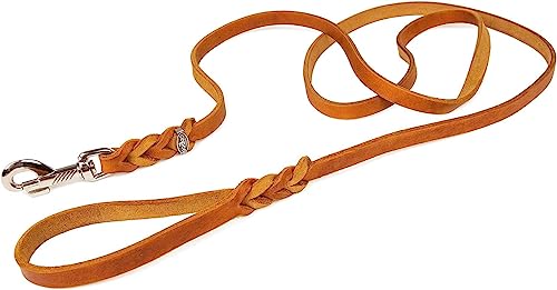 CopcoPet - Fettlederleine 1,35 m x 10 mm, Cognac, Hunde-Leine aus Leder mit verchromtem Karabiner + Ring, geflochtene Hunde-Führleine Leder von CopcoPet