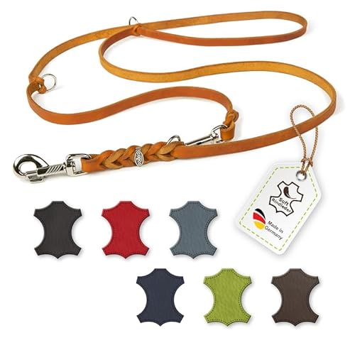 CopcoPet Fettlederleine für Hunde 3-Fach verstellbar Hundeleine aus weichem Leder mit Karabinern & Beschlägen aus Chrom geflochtene Führleine 100% Handmade in Germany 5,0 m x 18 mm Cognac von CopcoPet