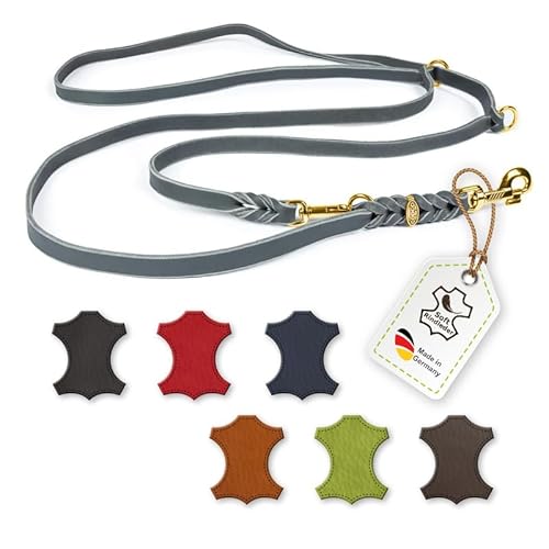 CopcoPet – Fettlederleine für Hunde – 3-Fach verstellbare Hundeleine aus weichem Leder mit Karabinern & Beschlägen aus Messing – geflochtene Führleine 100% Handmade in Germany (2,40 m x 20mm | Grau) von CopcoPet