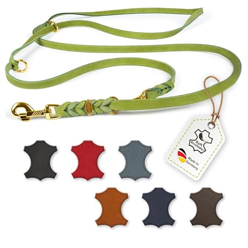 CopcoPet – Fettlederleine für Hunde – 3-Fach verstellbare Hundeleine aus weichem Leder mit Karabinern & Beschlägen aus Messing – geflochtene Führleine 100% Handmade in Germany (2,80 m x 18mm | Grün) von CopcoPet