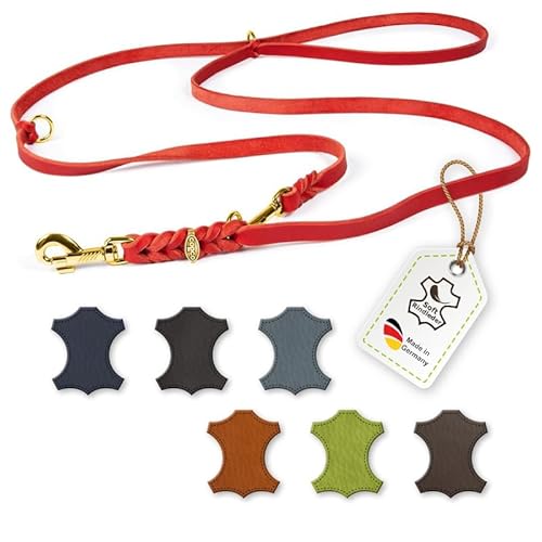 CopcoPet – Fettlederleine für Hunde – 3-Fach verstellbare Hundeleine aus weichem Leder mit Karabinern & Beschlägen aus Messing – geflochtene Führleine 100% Handmade in Germany (2,80 m x 20mm | Rot) von CopcoPet