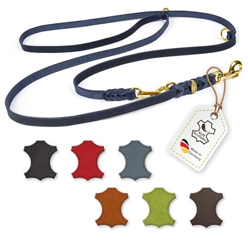 CopcoPet – Fettlederleine für Hunde – 3-Fach verstellbare Hundeleine aus weichem Leder mit Karabinern & Beschlägen aus Messing – geflochtene Führleine 100% Handmade in Germany (5 m x 18mm | Blau) von CopcoPet