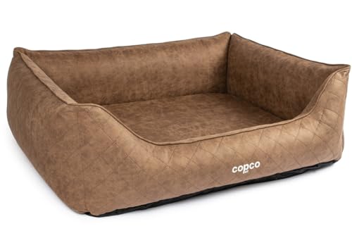 CopcoPet – Hundebett Hugo in Velourlederoptik S 70x55cm Braun – Hundekissen Schaumstoff mit abnehmbarem & waschbarem Bezug – Bequemer Hundekorb mit erhöhten Rändern & Rutschfester Unterseite von CopcoPet