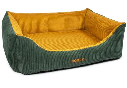 CopcoPet - Hundebett Kyra in Cord Stoff L/XL 100x80cm Goldgelb/Tannengrün - Hundekissen Schaumstoff mit abnehmbarem & waschbarem Bezug - Bequemer Hundekorb mit hohen Rändern & Rutschfester Unterseite von CopcoPet