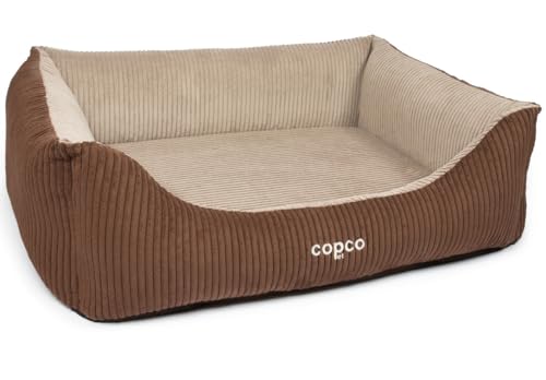 CopcoPet - Hundebett Kyra in Cord Stoff L 90x70cm Braun/Beige - Hundekissen Schaumstoff mit abnehmbarem & waschbarem Bezug - Bequemer Hundekorb mit hohen Rändern & Rutschfester Unterseite von CopcoPet