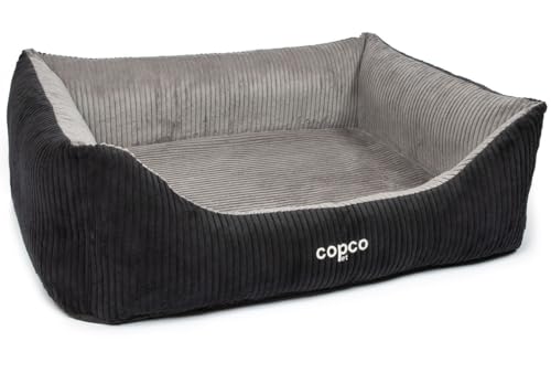 CopcoPet - Hundebett Kyra in Cord Stoff S 70x55cm Schwarz/Grau - Hundekissen Schaumstoff mit abnehmbarem & waschbarem Bezug - Bequemer Hundekorb mit hohen Rändern & Rutschfester Unterseite von CopcoPet