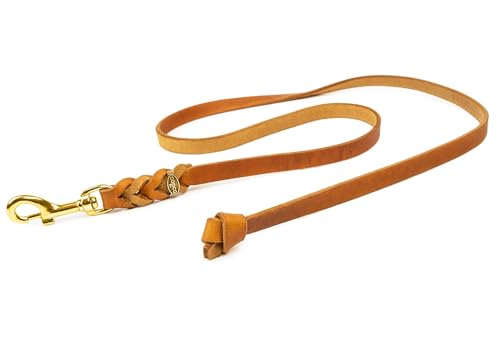 CopcoPet Hundeleine geflochten ohne Handschlaufe, Führleine ist aus robustem Fettleder mit Karabiner aus Messing, perfekt für große, mittlere und kleine Hunde, 2,20 m x 12 mm in Cognac von CopcoPet