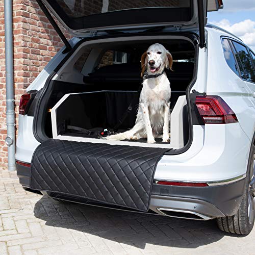 CopcoPet - Travel Bed Hundebett für Kofferraum 100x70x38cm Kunstleder - Kofferraumschutz Hund wasserabweisend & Kratzfest - Hundebett Auto Anschnallsystem & Schutzdecke - Reisebett Hund Weiß/Schwarz von CopcoPet