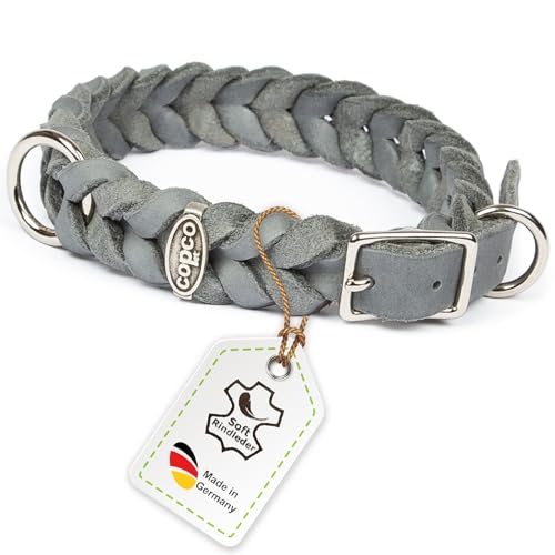 CopcoPet Fettleder Hundehalsband geflochten mit Dornschließe verchromt Handarbeit aus Deutschland Lederhalsband Grau 15 mm Breite 25-29 cm Halsumfang von CopcoPet