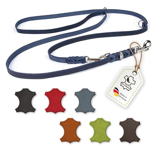 CopcoPet – Fettlederleine für Hunde – 3-Fach verstellbare Hundeleine aus weichem Leder mit Karabinern & Beschlägen aus Chrom – geflochtene Führleine 100% Handmade in Germany (2,40m x 15mm | Blau) von CopcoPet