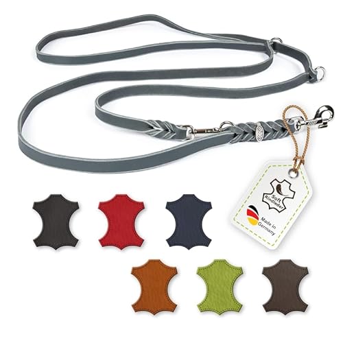 CopcoPet Fettlederleine für Hunde 3-Fach verstellbar Hundeleine aus weichem Leder mit Karabinern & Beschlägen aus Chrom geflochtene Führleine 100% Handmade in Germany 2,80 m x 15 mm Grau von CopcoPet