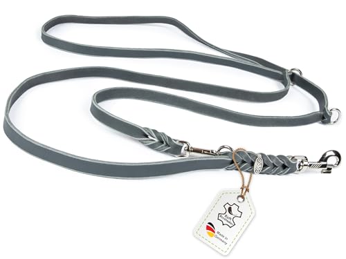 CopcoPet Fettlederleine für Hunde 3-Fach verstellbar Hundeleine aus weichem Leder mit Karabinern & Beschlägen aus Chrom geflochtene Führleine 100% Handmade in Germany 5,0 m x 8 mm Grau von CopcoPet