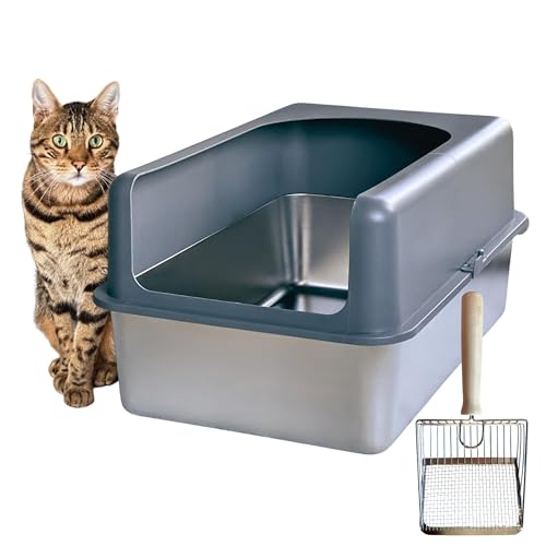 XL Edelstahl-Katzentoiletten-Gehege mit hochseitigem hohem Deckel mit Kapuze zur Geruchskontrolle, Anti-Auslaufen, rostfrei, geeignet für große Katzen, MultiCat-Haushalte, inkl. Metallstreuschaufel von Copper Chisel