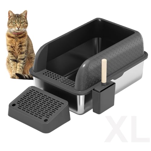 XL Katzentoilette aus Edelstahl, hohe Seiten, abgedeckter Deckel, inklusive Streuschaufel mit Halter, Fangmatte, unverzichtbares Katzenzubehör für Indoor-Katzen (Diamant-Holzkohle) von Copper Chisel