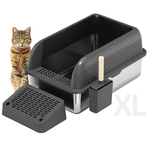 XL Katzentoilette aus Edelstahl, hohe Seiten, abgedeckter Deckel, inklusive Streuschaufel mit Halter, Fangmatte, unverzichtbares Katzenzubehör für Indoor-Katzen (Diamant-Holzkohle) von Copper Chisel