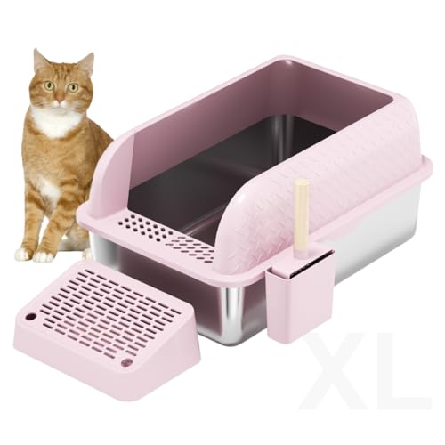 XL Katzentoilette aus Edelstahl, hohe Seiten, abgedeckter Deckel, inklusive Streuschaufel mit Halter, Fangmatte, unverzichtbares Katzenzubehör für Indoor-Katzen (Diamant-Rosa) von Copper Chisel