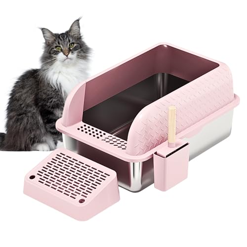 XL Katzentoilette aus Edelstahl, hohe Seiten, abgedeckter Deckel, inklusive Streuschaufel mit Halter, Fangmatte, unverzichtbares Katzenzubehör für Indoor-Katzen (Diamant-Rosa) von Copper Chisel