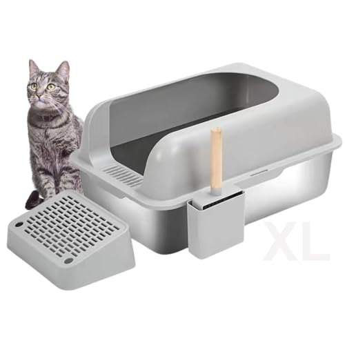 XL Katzentoilette aus Edelstahl, hohe Seiten, abgedeckter Deckel, inklusive Streuschaufel mit Halter, Fangmatte, unverzichtbares Katzenzubehör für Indoor-Katzen (Grau) von Copper Chisel