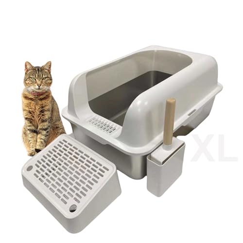 XL Katzentoilette aus Edelstahl, hohe Seiten, abgedeckter Deckel, inklusive Streuschaufel mit Halter, Fangmatte, unverzichtbares Katzenzubehör für Indoor-Katzen (Weiß) von Copper Chisel