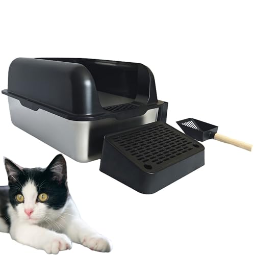 XL Katzentoilette aus Edelstahl, hohe Seiten, abgedeckter Deckel, inklusive Streuschaufel mit Halter, Fangmatte, unverzichtbares Katzenzubehör für Indoor-Katzen (schwarz) von Copper Chisel