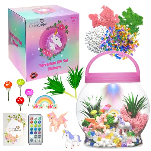 Terrarium Kit Einhorn für Kinder | DIY Bastelset Spielzeug Set mit Nachtlicht Lampe | Junge und Mädchen Geschenke 3 4 5 6 7 8+ Jahre Basteln Kreativ Deko von Coradoma