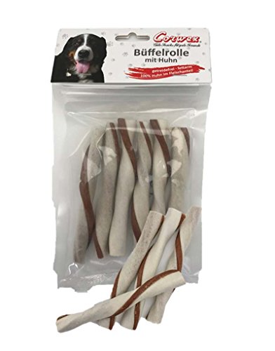 Corwex Büffelrolle (10x100g), Kausnack mit Büffelfleisch, getreidefrei & fettarm, Hundesnack mit 100% Huhn im Fleischanteil von Corwex