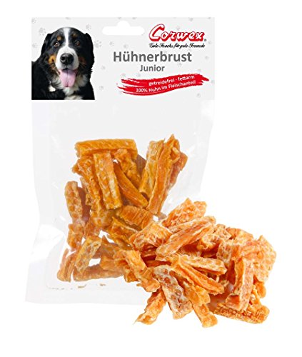 Corwex Hühnerbrust JUNIOR (12x70g), Premium Hundesnack extra in kleinen Stückchen für Welpen, getreidefrei & fettarm, 100% Huhn im Fleischanteil von Corwex