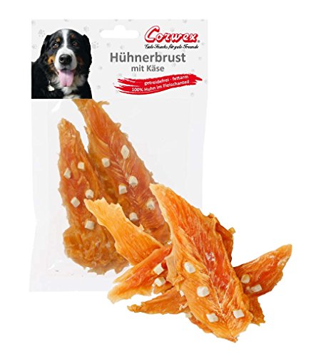 Corwex Hühnerbrust mit Käse (12x70g), Premium Hundesnack Hühnerfilet mit Käse-Stückchen, getreidefrei & fettarm, 100% Huhn im Fleischanteil von Corwex