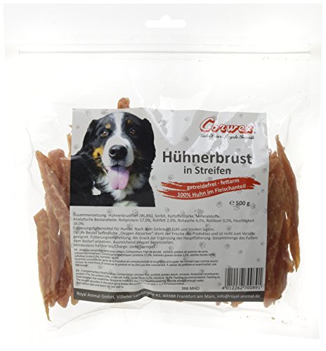 Corwex Premium Kaustreifen (500g, Hühnerbrust in Streifen) 100% Fleischanteil, getreidefrei/fettarm, Kausnack für Hunde, schonend luftgetrocknet von Corwex