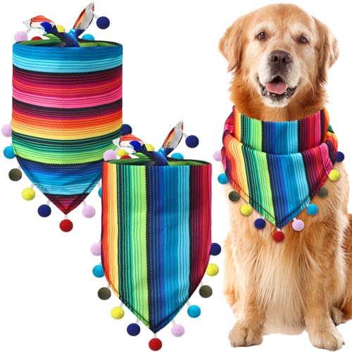 Cosblank Hundehalstuch, mexikanisches Hundehalstuch, mehrfarbig, Cinco de Mayo Fiesta, für den Sommer, mexikanische Hunde, Dreieck-Lätzchen mit Pompons für Katzen, kleine und mittelgroße Hunde, 2 von Cosblank