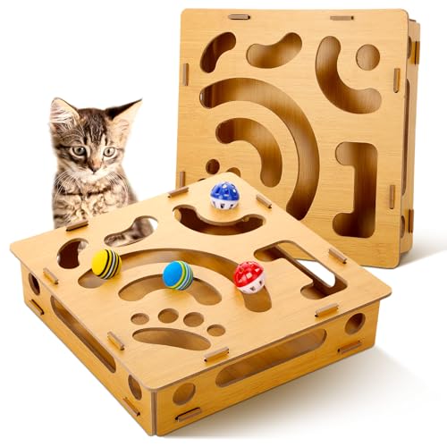 Cosblank Katzenballbahn Katzenspielzeug mit Jingly Ball Katzenkratzball Spielzeug Katzenspielbrett für gelangweilte Indoor-Katzen Holz Wellpappe Katzenspielzeug Ballbahn Katzenpuzzles Katakomben Katze von Cosblank