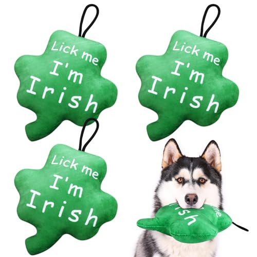 Cosblank St. Patrick Day Hundespielzeug mit Quietscher, Kleeblatt, Plüsch-Hundespielzeug, Lick Me I'm Irish Shamrock, Quietscher, lustiges Hundespielzeug für St. Patrick's Day, irische Geschenke, 3 von Cosblank