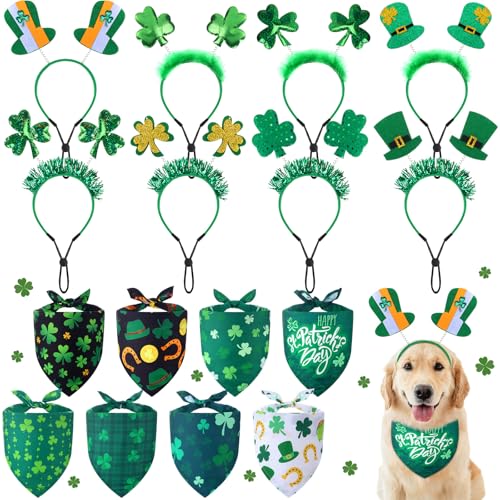 Cosblank St. Patricks Day Hundekostüm, Großpackung, grünes Kleeblatt, Stirnbänder und Bandanas, für den St. Patrick's Day, Haustierklee-Stirnband, Dreieckstuch für die meisten Hunde, St. Pat Day, von Cosblank