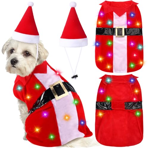 Cosblank Weihnachtskostüm für Hunde mit farbigen Lichtern und Weihnachtsmütze, Weihnachtsmann-Anzug, Hundekostüm, Haustier-Kostüm, Katze, Weihnachtsoutfit für Welpen, Haustier, Weihnachten, von Cosblank