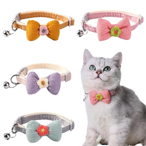 4 Stück Katzenhalsband mit Fliege und Glöckchen Halsband Katze 22-29 cm Verstellbar Halsband Hund Klein Katze Fliege Weich Sicherheit HalsbäNder für KäTzchen und Katzen von Cosiesnest