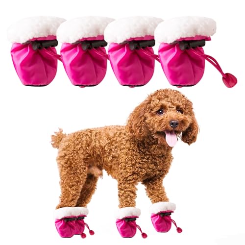 Hundeschuhe, 4 Stück Anti-Rutsch-Hundestiefel Pfotenschutz, Winter Warme Bequeme Hundesocken mit Reflektierenden Riemen, Verstellbare Hundestiefel Wasserdicht für Kleine Hunde Indoor Outdoor (Rosarot) von Cosiesnest