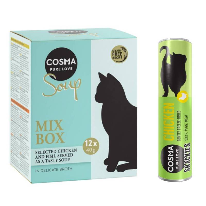 Cosma Kombi-Paket: 24 x 40 g Soup + 3 x Snackie - Mixpaket 1 (4 Sorten) + Hühnchen (3 x 26 g) von Cosma