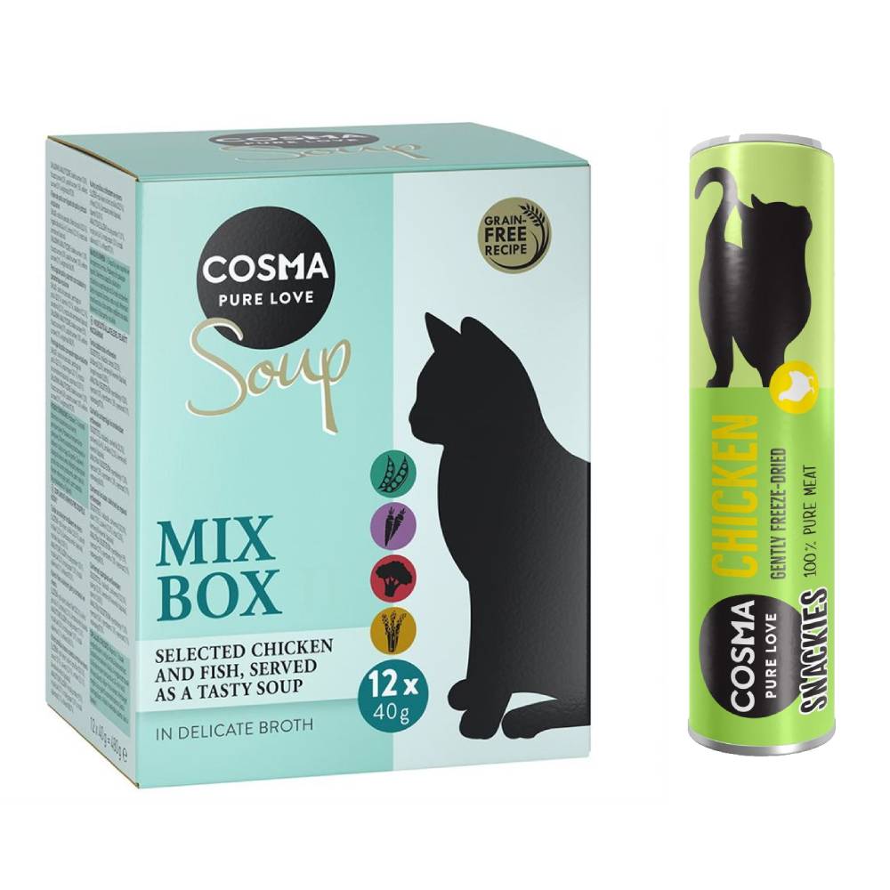 Cosma Kombi-Paket: 24 x 40 g Soup + 3 x Snackie - Mixpaket 2 (4 Sorten) + Hühnchen (3 x 26 g) von Cosma