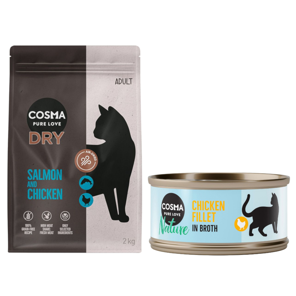 Cosma Kombi-Paket: Trockenfutter + Nature Nassfutter - 2 x 2 kg Lachs & Huhn + 24 x 70 g Hühnchenfilet von Cosma