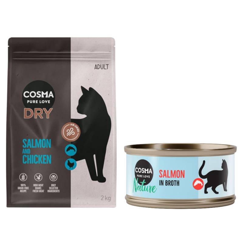 Cosma Kombi-Paket: Trockenfutter + Nature Nassfutter - 2 x 2 kg Lachs & Huhn + 24 x 70 g Lachs von Cosma