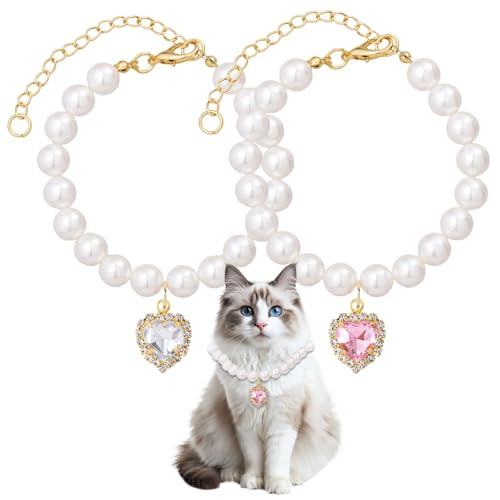 Cosmeria Verstellbare Perlen Haustierhalsband mit Herzförmigen Strasssteinen, 2 Farben, Elegantes Design für Kleine Katzen und Hunde von Cosmeria