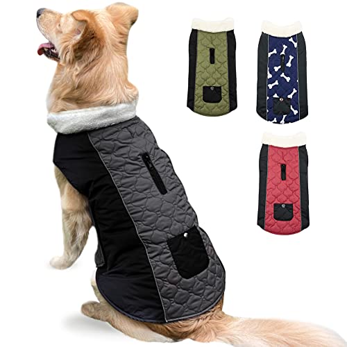 Couner Hundemantel, reflektierend, wendbar, Hunde-Wintermantel, pelziges Halsband, warmer Hundemantel mit Tasche, Hundejacke für kaltes Wetter, doppelte Leinenlöcher, wasserabweisend, Grau, XXL von Couner