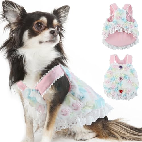 Couner Kleines Katzen-Pulloverkleid, Kunstfell-Hundemantel für Welpen, Mädchen, verstellbare Hosenträger, Weste, kaltes Wetter, Fleece, Haustierkleidung, niedliches rosa Katzenkleid mit von Couner