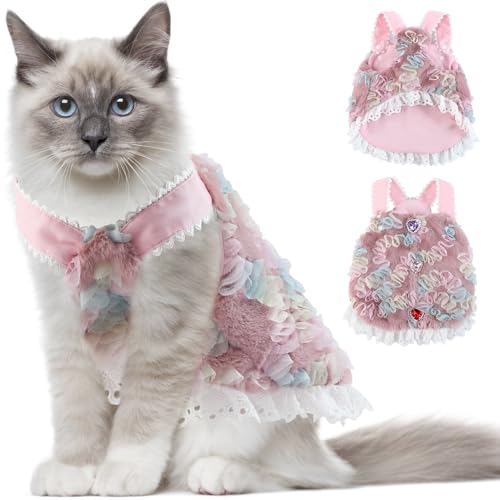 Couner Kleines Katzen-Pulloverkleid, Kunstfell-Hundemantel für Welpen, Mädchen, verstellbare Hosenträger, Weste, kaltes Wetter, Fleece, Haustierkleidung, niedliches rosa Katzenkleid mit von Couner