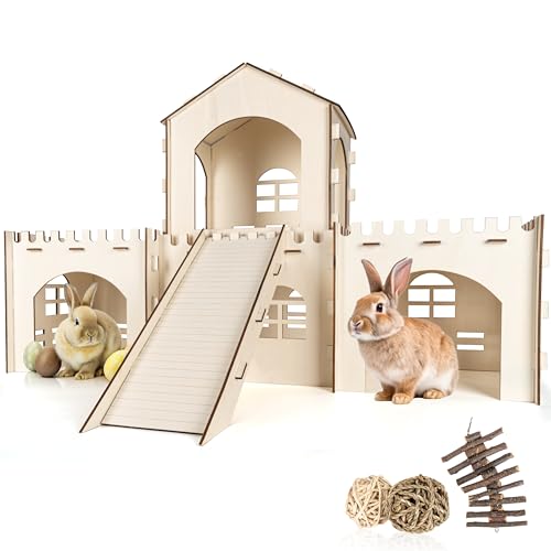 Cour Pets Extra großes Kaninchenversteck aus Holz, Kaninchenhäuser und Verstecke mit Leiter, geräumige atmungsaktive Verstecke für Indoor-Hasen, Hamster und Meerschweinchen von Cour Pets